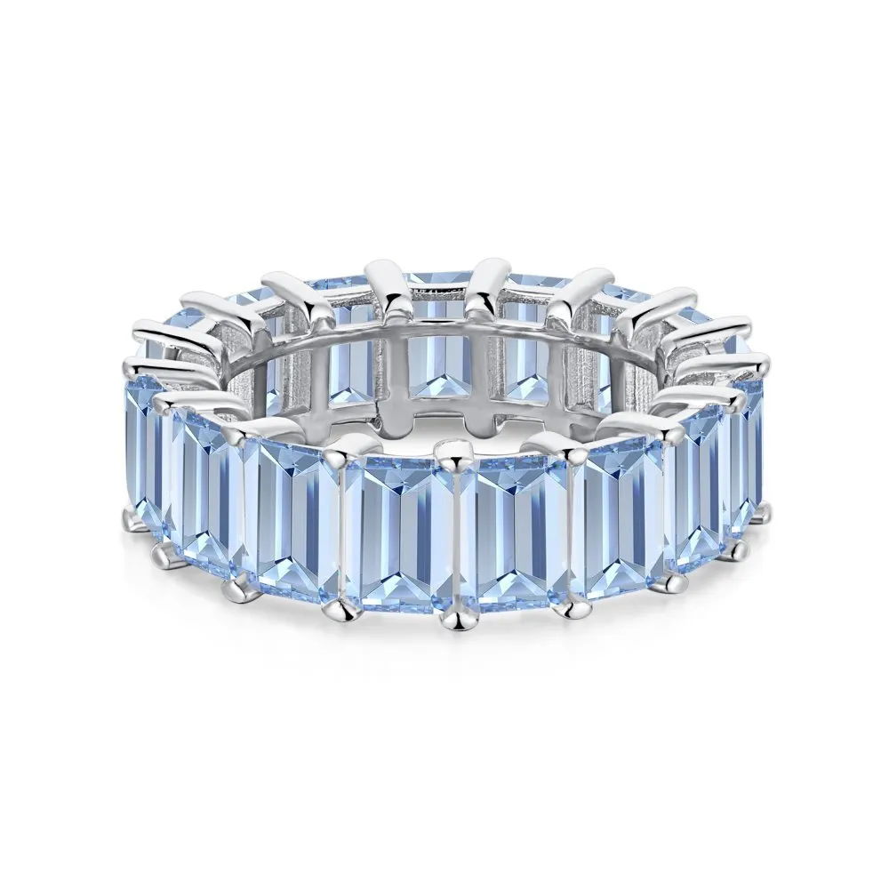 Women's rectangular silver ring with full diamond and super glitter zircon stones in blue colour