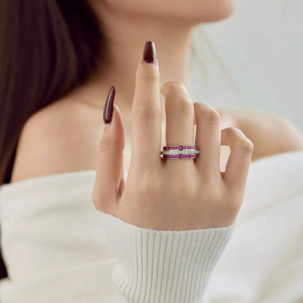 S925 sterling silver rotating diamond inlay ring for women, geometric style, available in blue, green, pink, sizes No 6-9