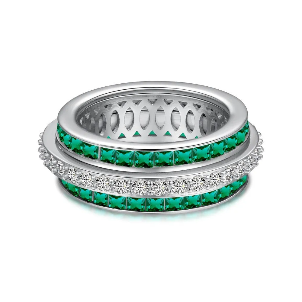 S925 sterling silver rotating diamond inlay ring for women, geometric style, available in blue, green, pink, sizes No 6-9