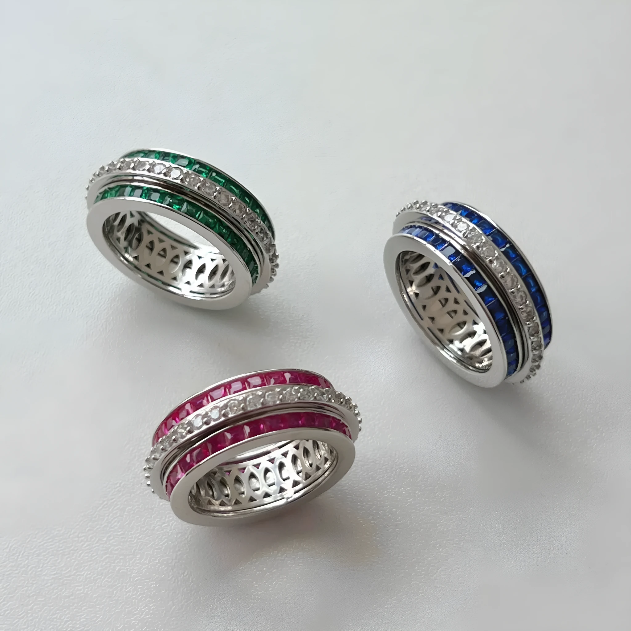 S925 sterling silver rotating diamond inlay ring for women, geometric style, available in blue, green, pink, sizes No 6-9