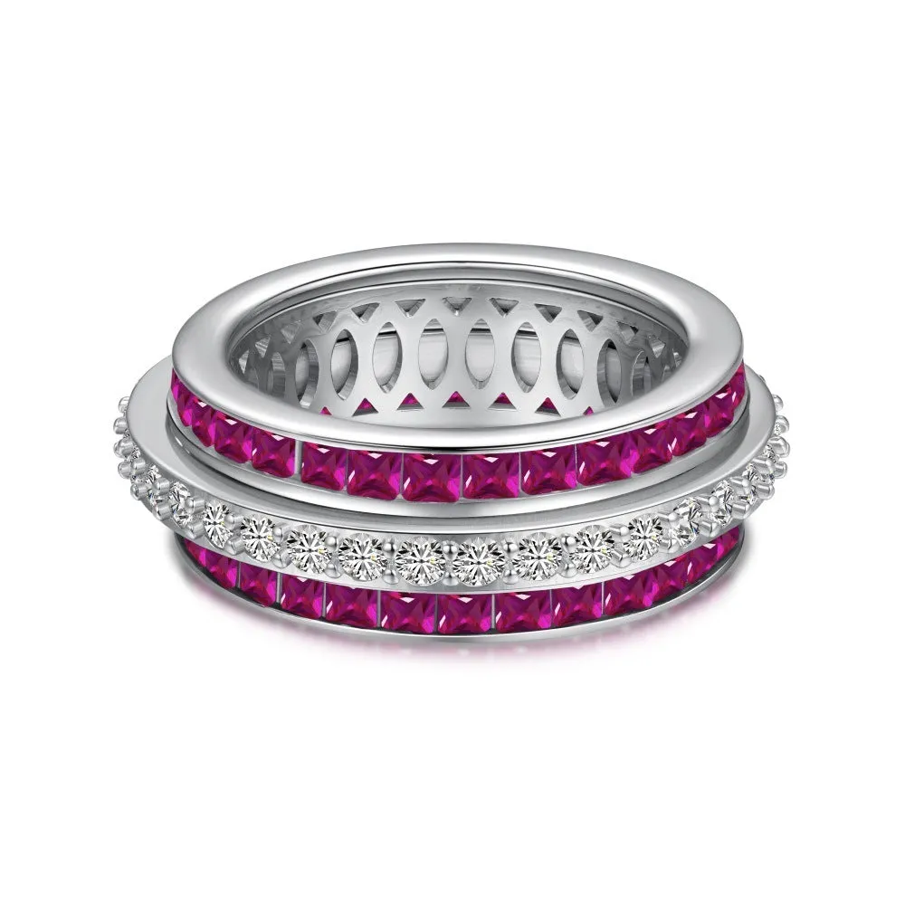 S925 sterling silver rotating diamond inlay ring for women, geometric style, available in blue, green, pink, sizes No 6-9