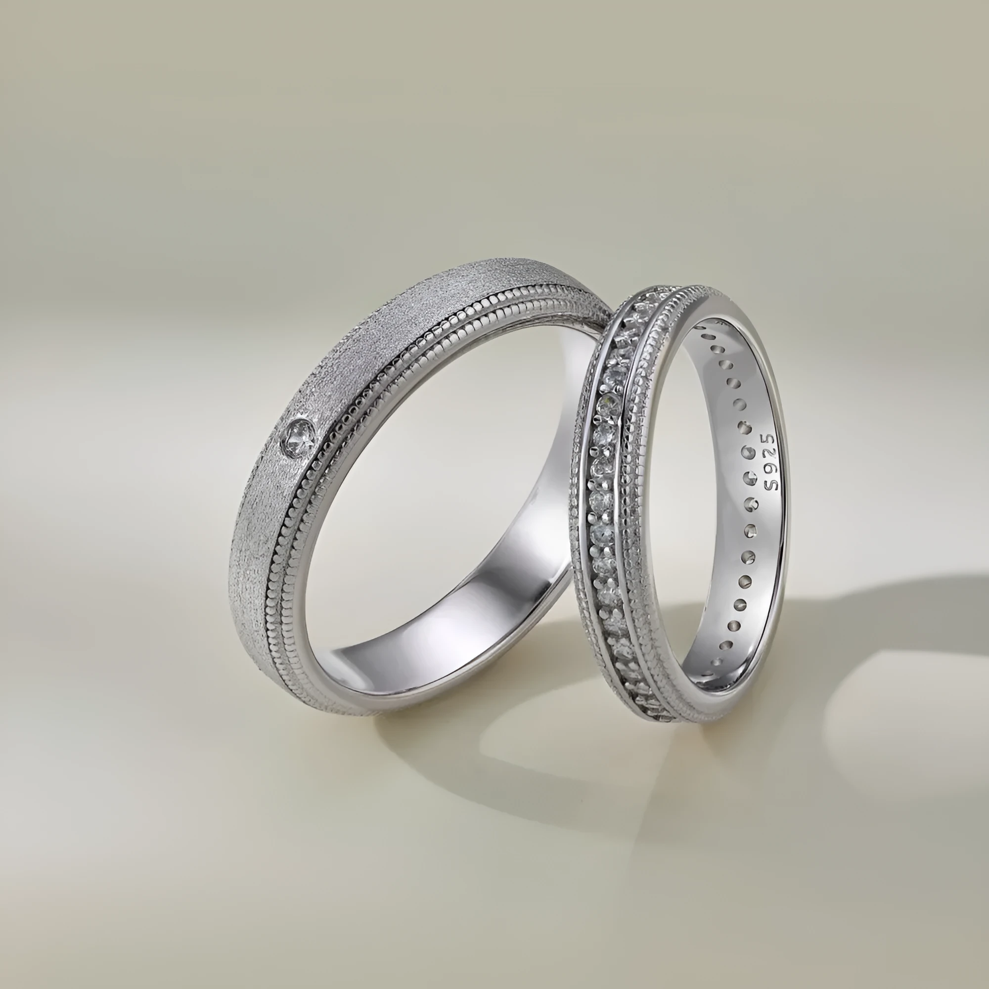 S925 sterling silver couple rings geometric design electroplated finish platinum colour side view