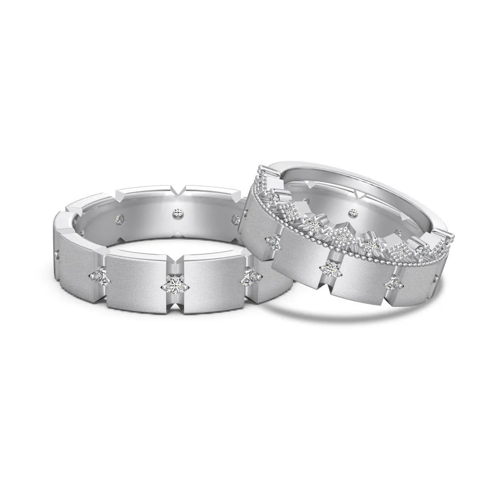 S925 sterling silver slim couple ring with geometric drill detail, champagne colour, on white background