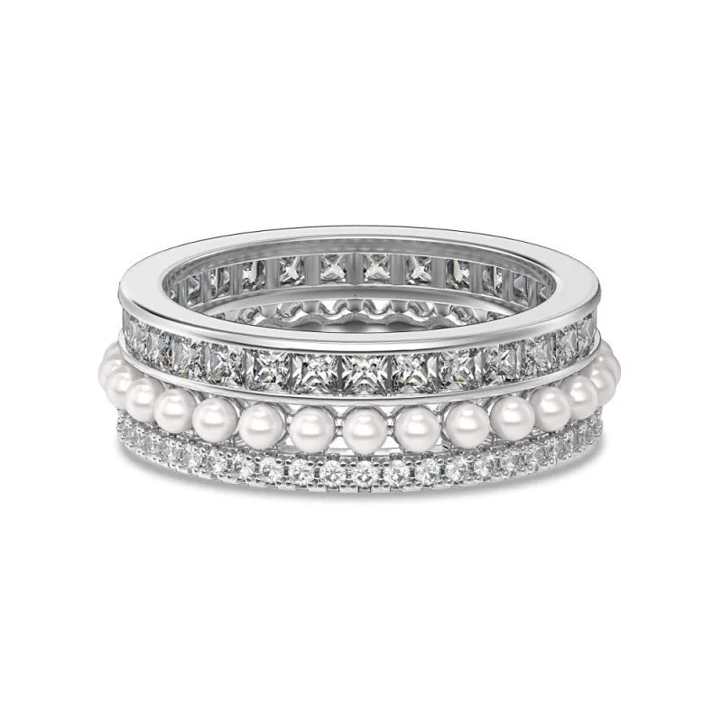 Sterling silver ring with high-grade zircon and freshwater pearl in geometry shape, size No. 7, electroplated finish