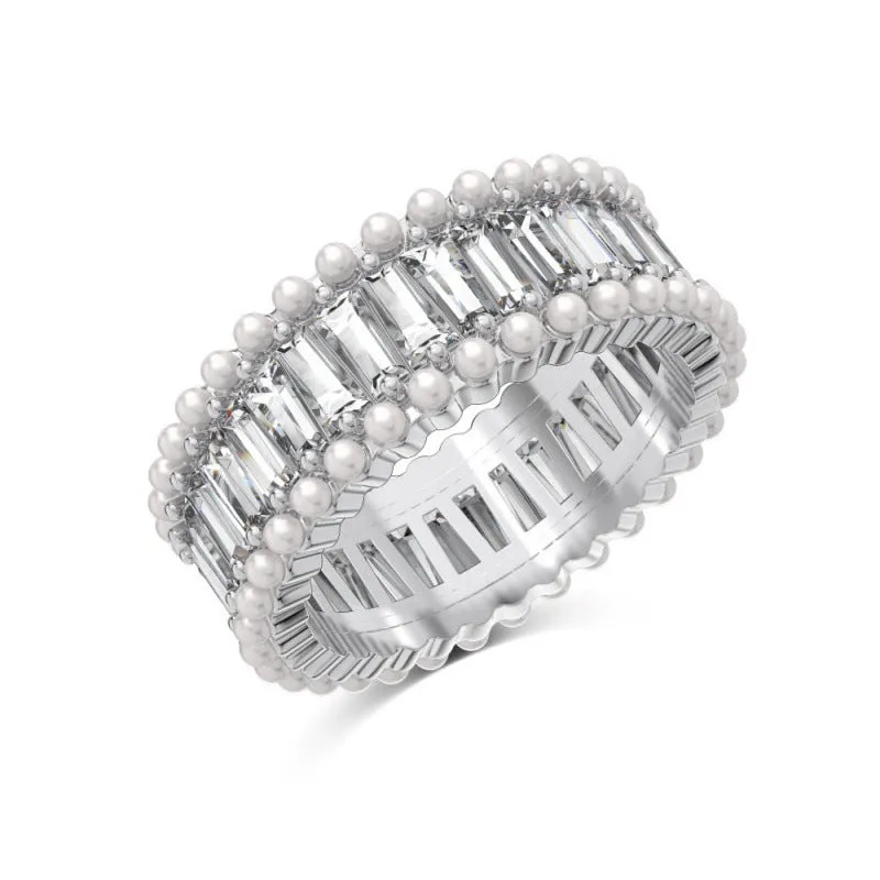 Sterling silver ring with high-grade zircon and freshwater pearl in geometry shape, size No. 7, electroplated finish