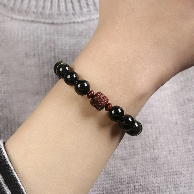 Hand-woven vintage bracelet with 10mm Golden Obsidian beads in retro style