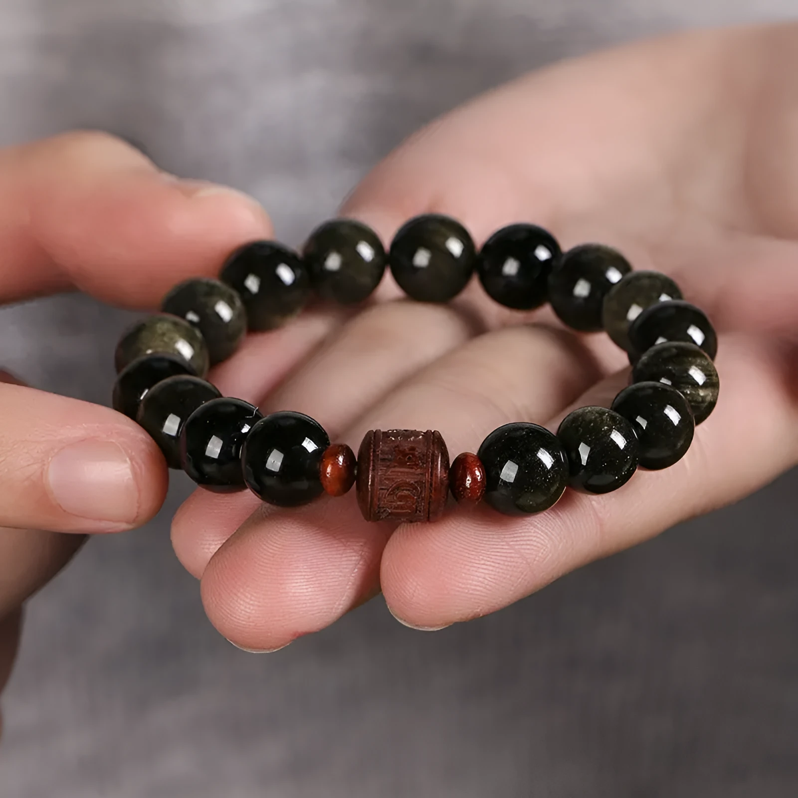 Hand-woven vintage bracelet with 10mm Golden Obsidian beads in retro style