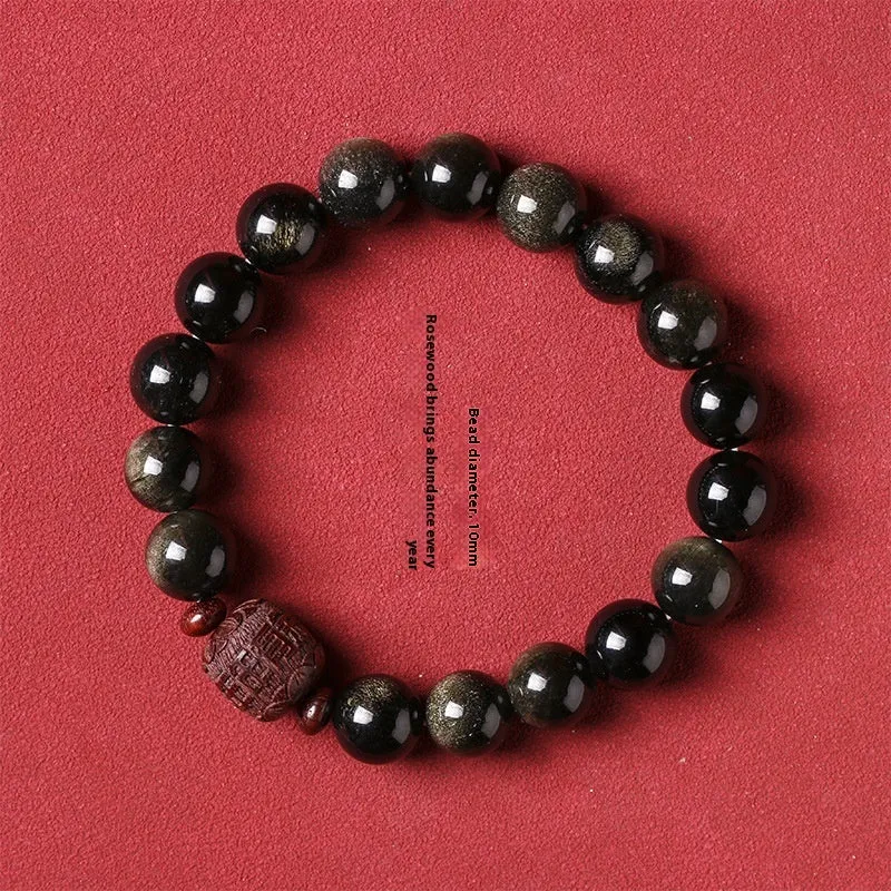 Hand-woven vintage bracelet with 10mm Golden Obsidian beads in retro style