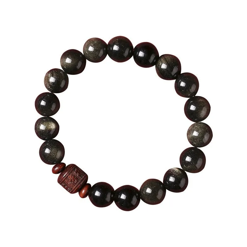 Hand-woven vintage bracelet with 10mm Golden Obsidian beads in retro style