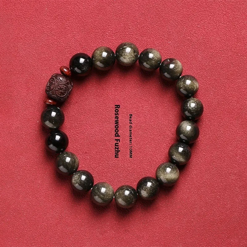 Hand-woven vintage bracelet with 10mm Golden Obsidian beads in retro style