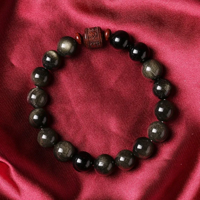 Hand-woven vintage bracelet with 10mm Golden Obsidian beads in retro style