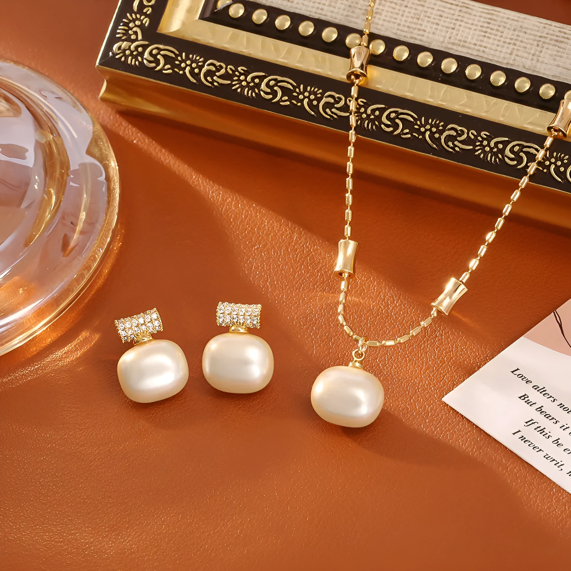 Cube sugar pearl necklace and stud earrings set on a woman, real gold plated copper, imitation pearls, adjustable chain 41-50cm