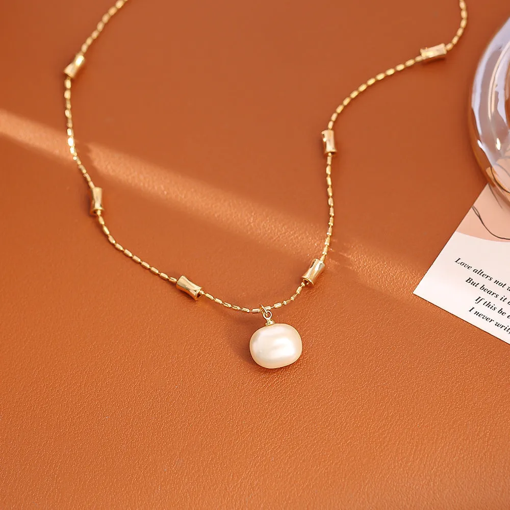 Cube sugar pearl necklace and stud earrings set on a woman, real gold plated copper, imitation pearls, adjustable chain 41-50cm