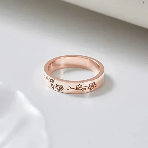 925 silver birthday flower ring with electroplated gold finish on white background