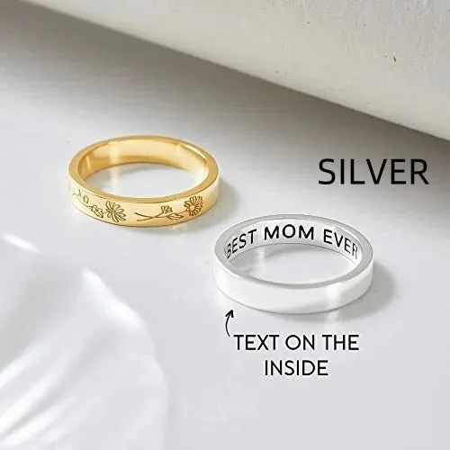 925 silver birthday flower ring with electroplated gold finish on white background