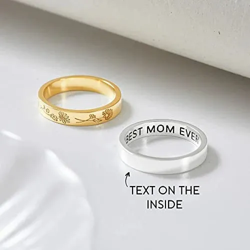 925 silver birthday flower ring with electroplated gold finish on white background
