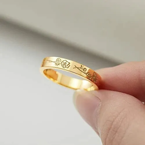 925 silver birthday flower ring with electroplated gold finish on white background