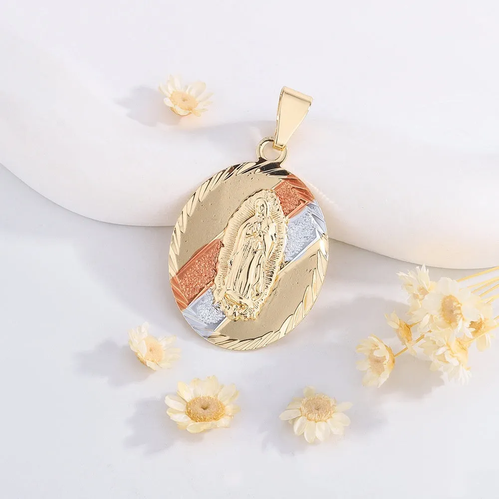 Virgin Mary copper laminate gilded painting pendant with electroplated finish, women's religious necklace accessory