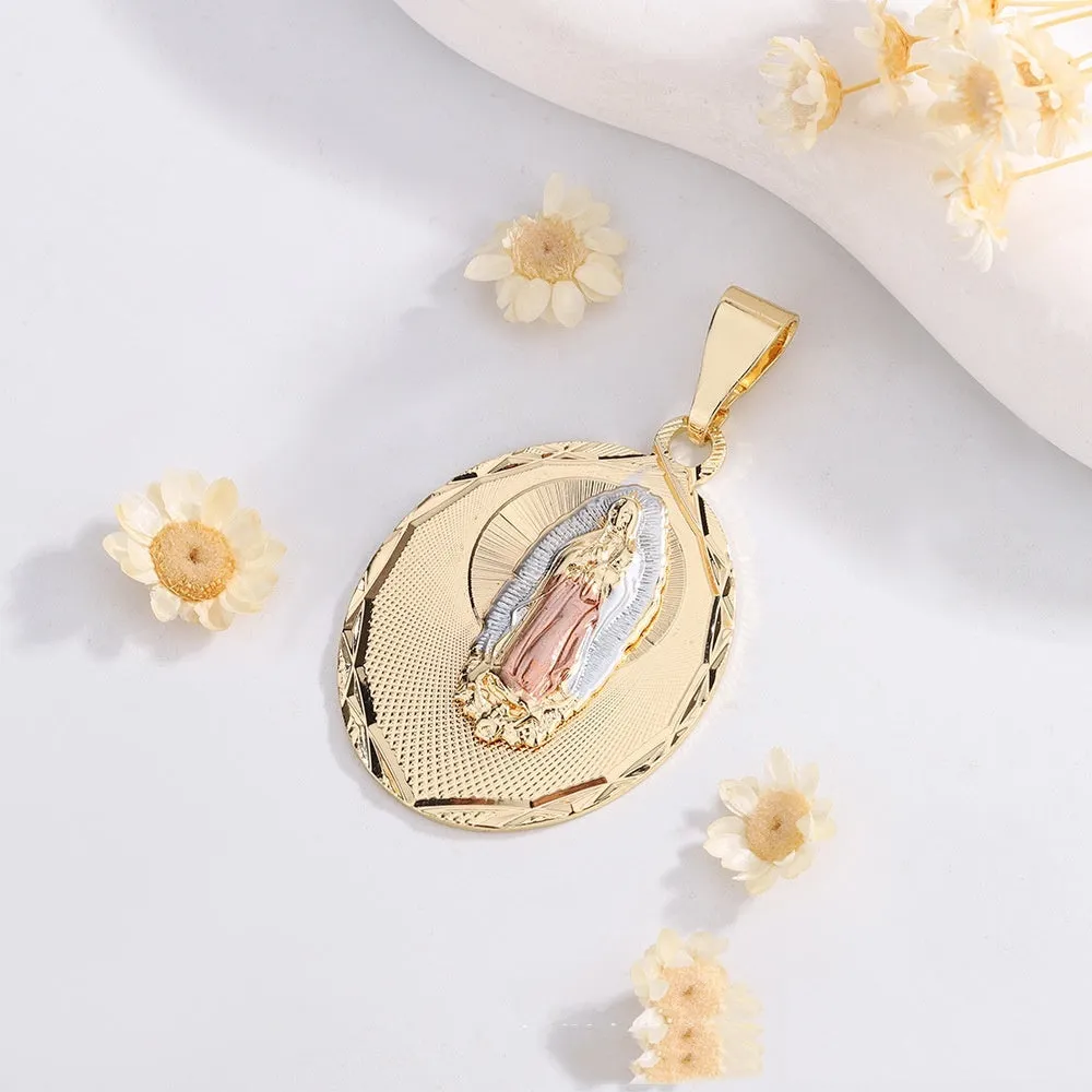 Virgin Mary copper laminate gilded painting pendant with electroplated finish, women's religious necklace accessory