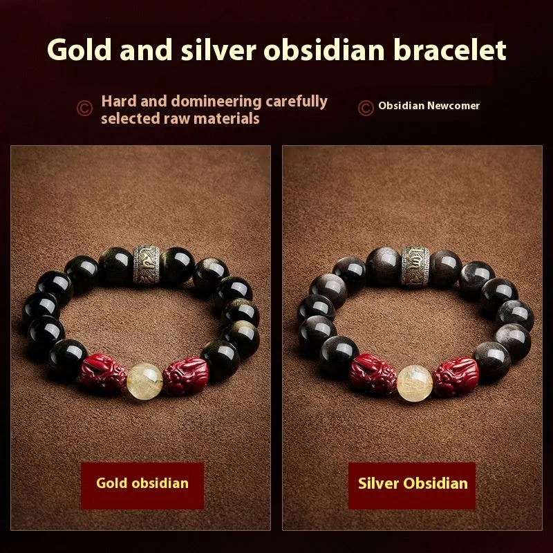 Carved cinnabar beads bracelet with gold obsidian animal zodiac design on a gift box.