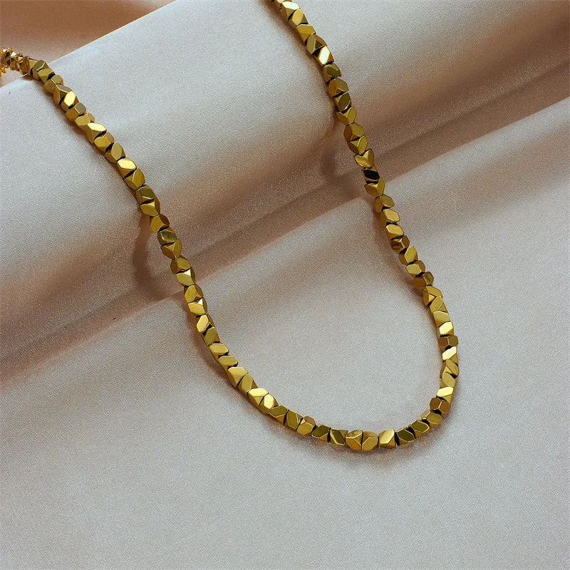 Geometric chamfering square pattern small beaded necklace for women in stainless steel colour N1817