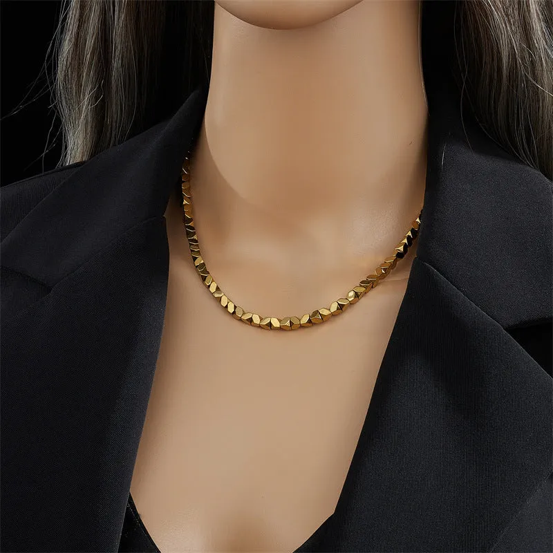 Geometric chamfering square pattern small beaded necklace for women in stainless steel colour N1817