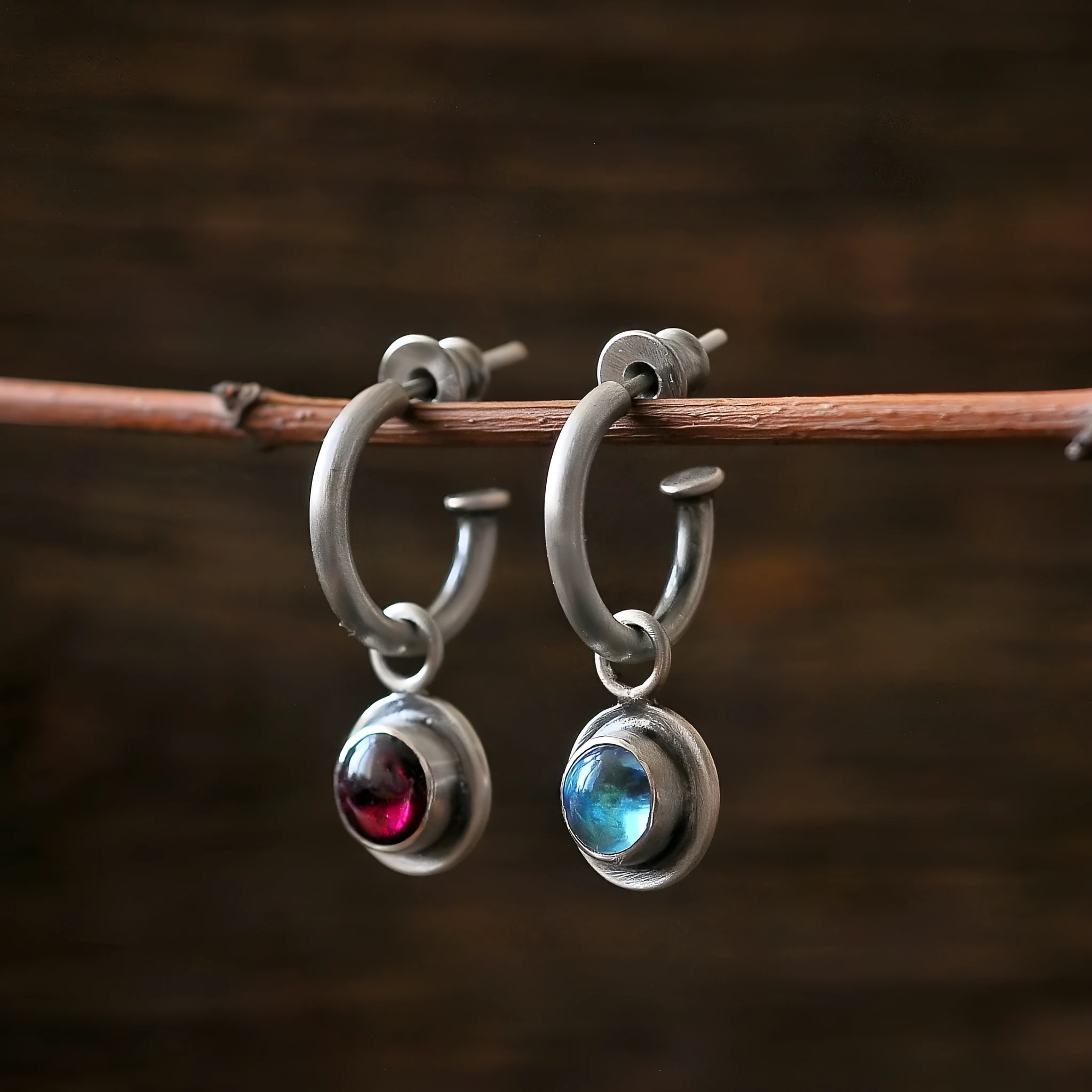 Simple round colourful beads circle ancient silver earrings with red blue green orange beads