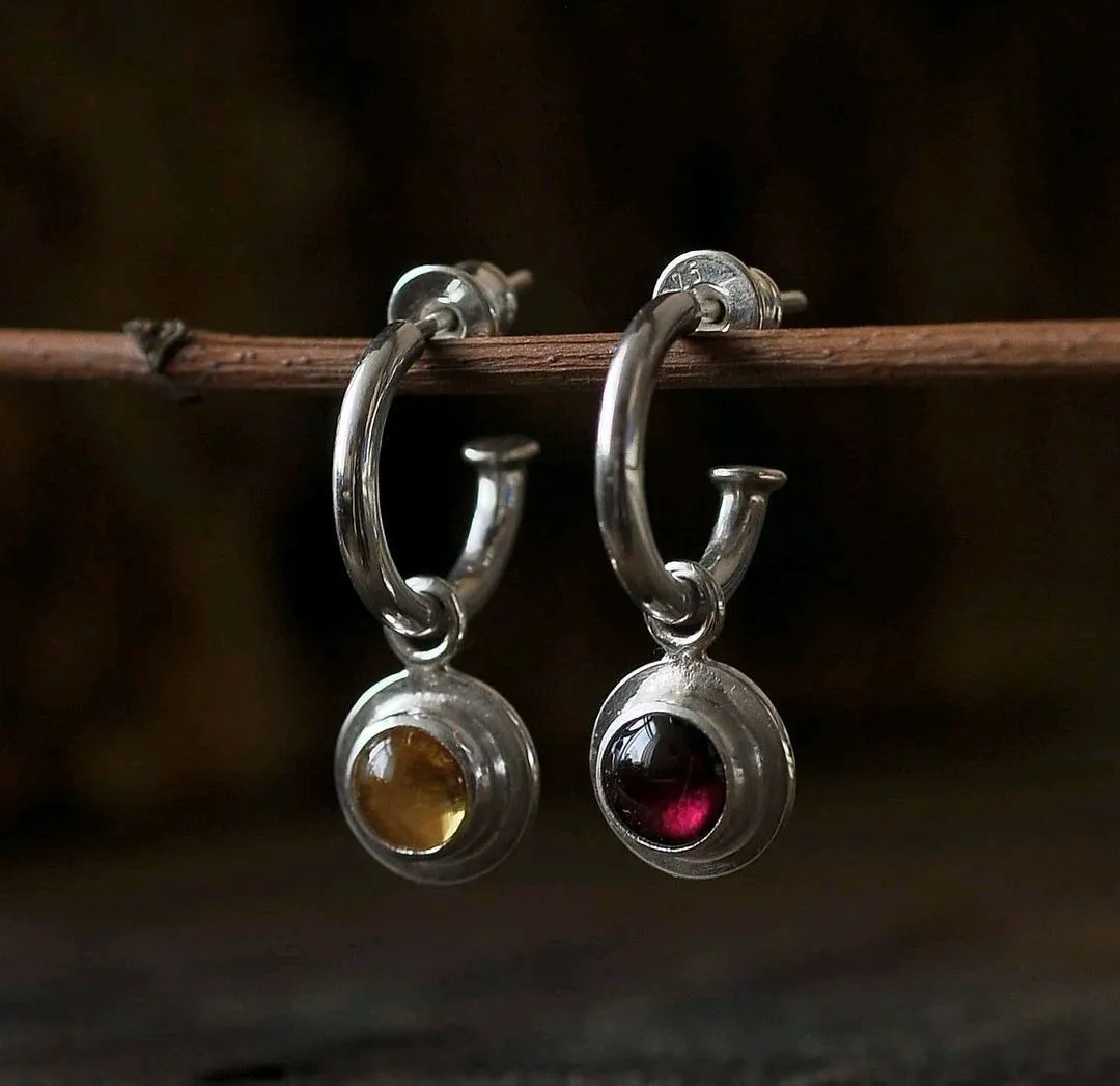 Simple round colourful beads circle ancient silver earrings with red blue green orange beads