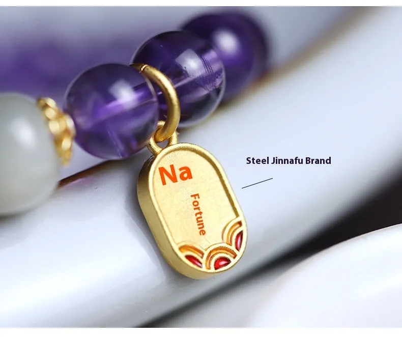 Amethyst crystal bracelet with 8mm round geometric beads in national style pattern