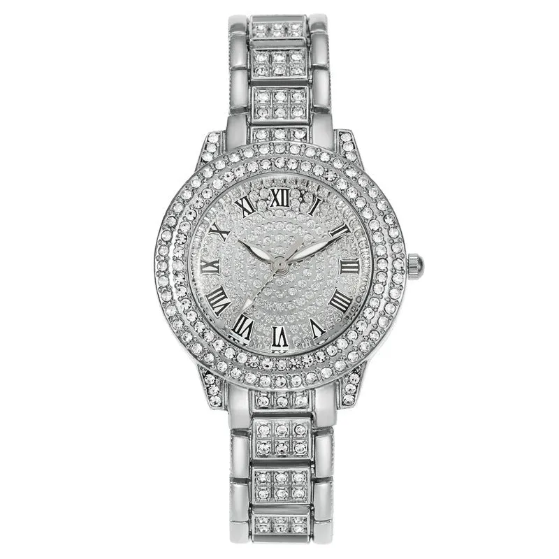 Women's starry rhinestone quartz analogue watch with gold Roman numeral dial and alloy bracelet