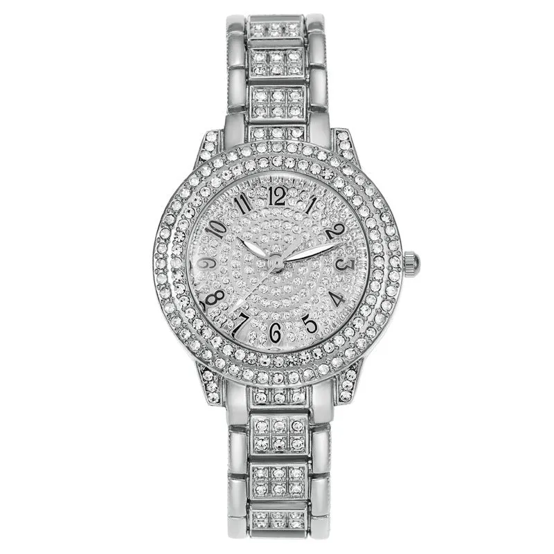 Women's starry rhinestone quartz analogue watch with gold Roman numeral dial and alloy bracelet