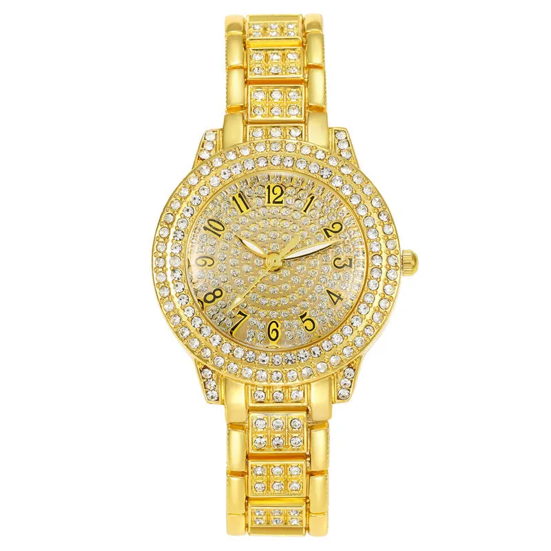 Women's starry rhinestone quartz analogue watch with gold Roman numeral dial and alloy bracelet
