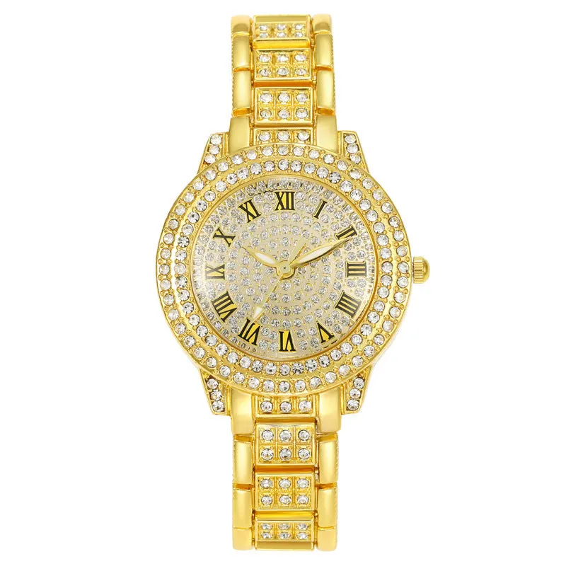 Women's starry rhinestone quartz analogue watch with gold Roman numeral dial and alloy bracelet