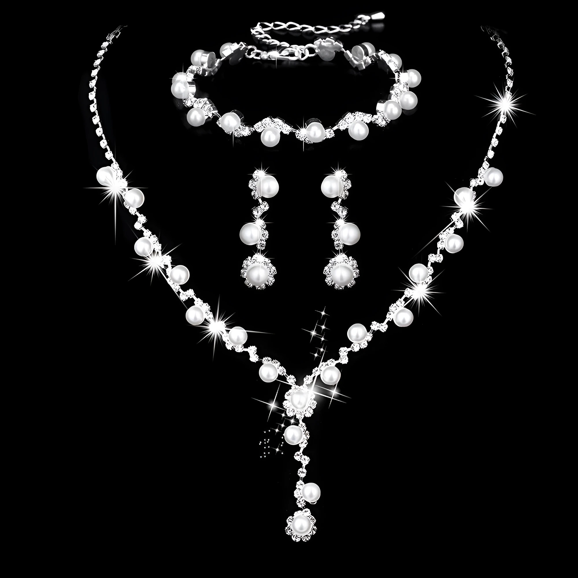 Fashion crystal rhinestone necklace ear stud bracelet ring set, pearl three piece set for women, classic style monochrome finish