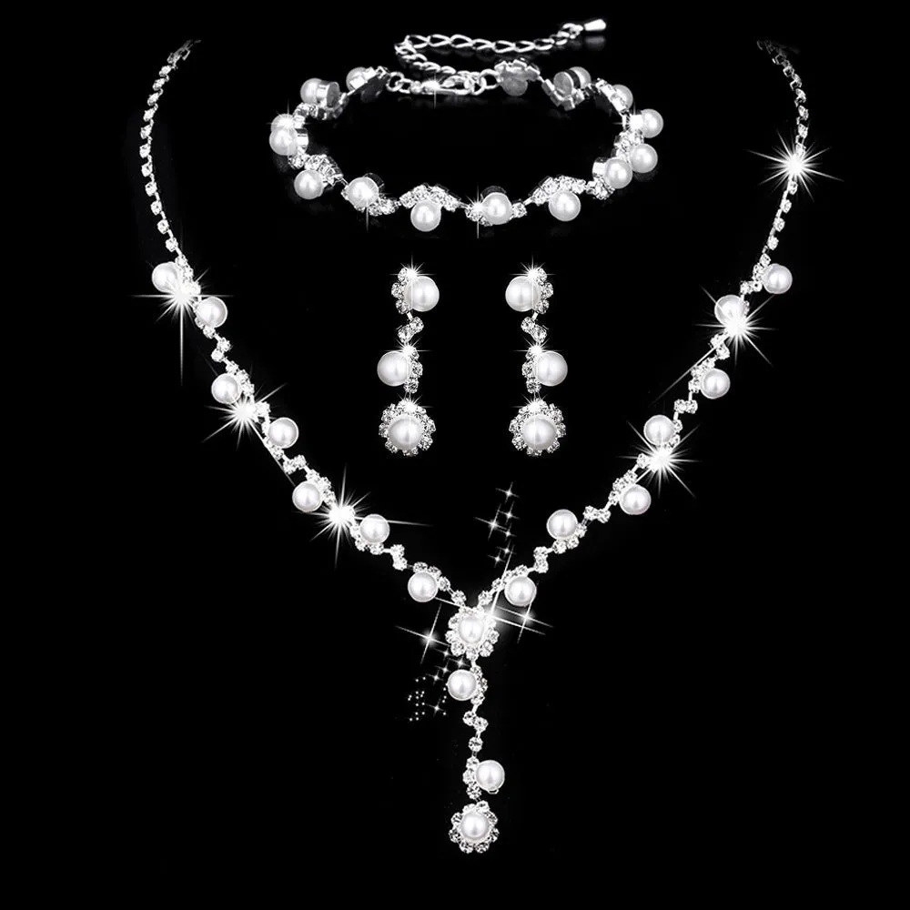 Fashion crystal rhinestone necklace ear stud bracelet ring set, pearl three piece set for women, classic style monochrome finish