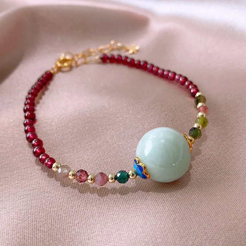 Aquamarine and garnet drop shape bracelet with tourmaline stones in Chinese Korean style