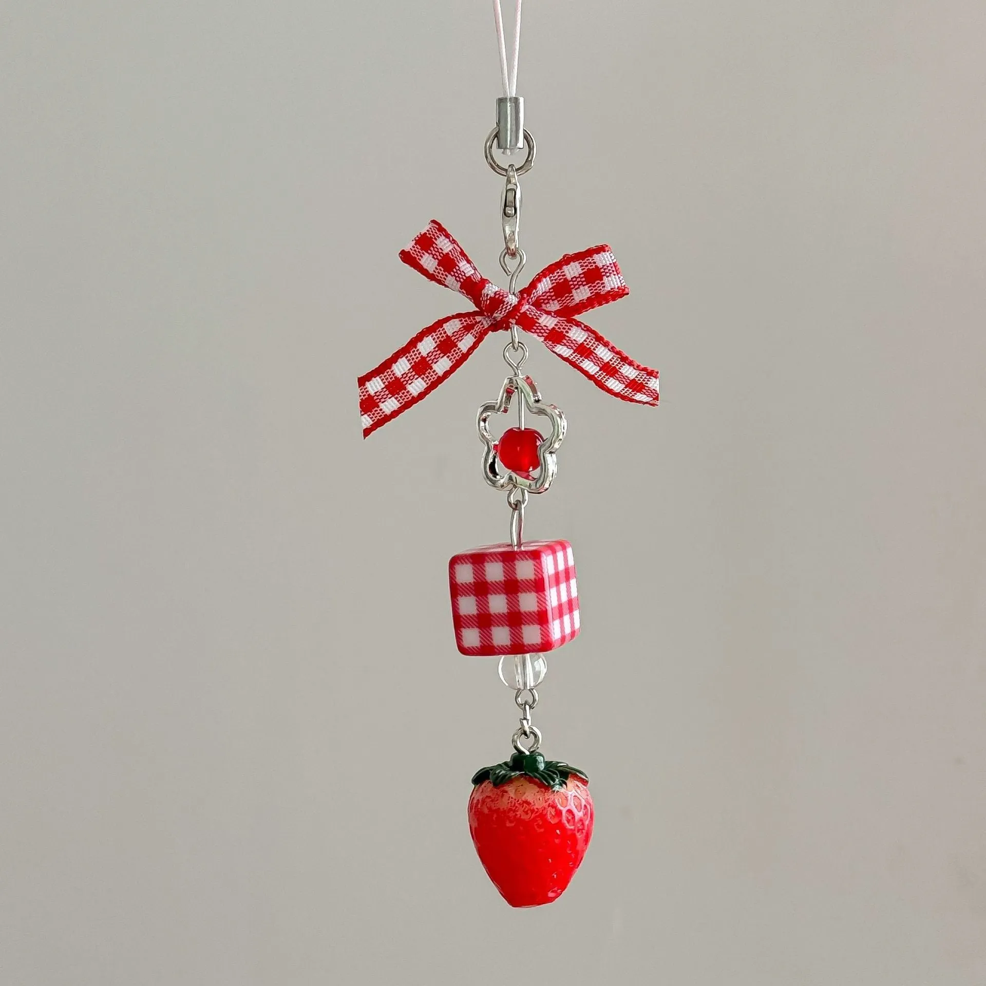 Handmade Japanese strawberry fruit mobile phone charm keychain with plastic and resin construction