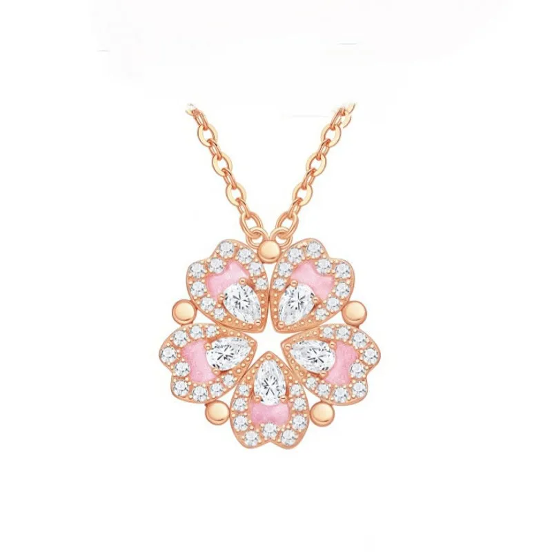 999 silver heart-shaped pendant clavicle chain with cross chain design in rose gold finish