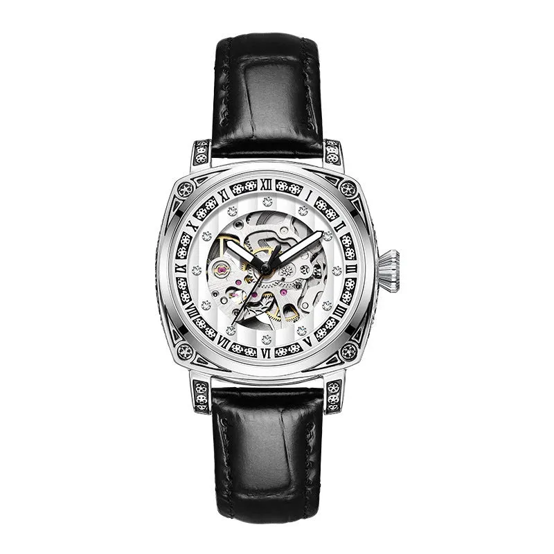 Mechanical watch with leather strap and luminous hands on a dial, shown in multiple colour options.