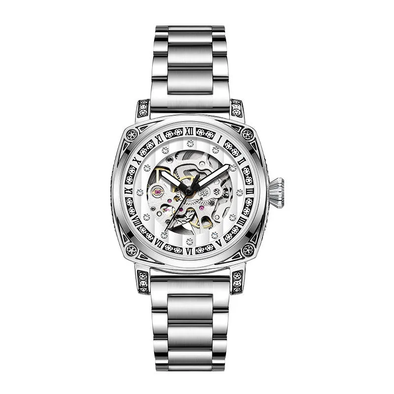 Mechanical watch with leather strap and luminous hands on a dial, shown in multiple colour options.