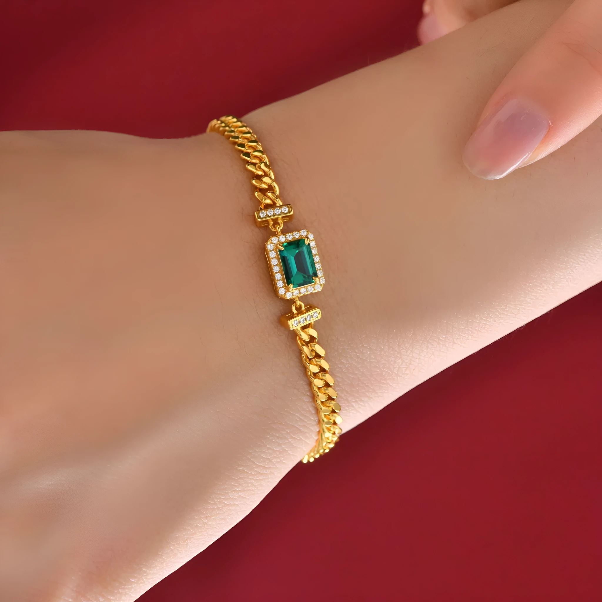 Cuban bracelet in 925 silver with green finish and flower shape, 17cm length for women