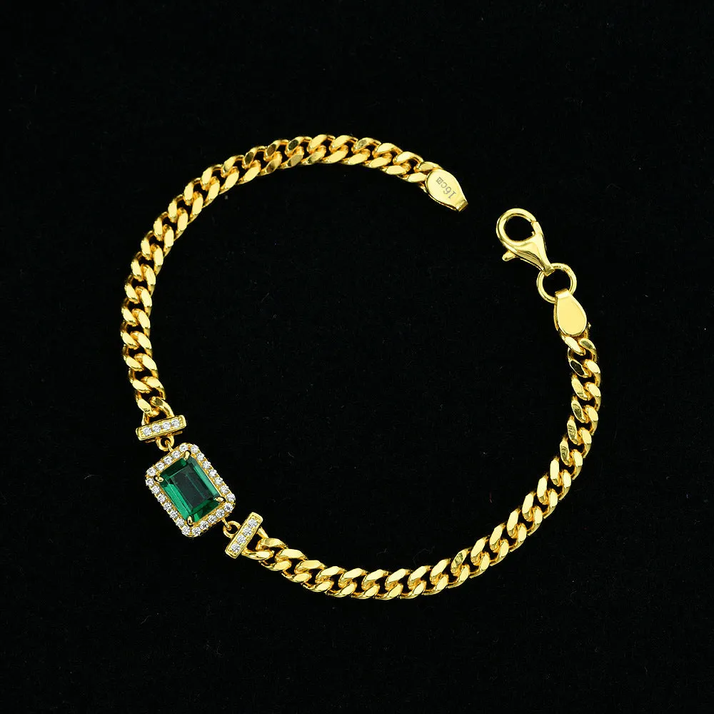 Cuban bracelet in 925 silver with green finish and flower shape, 17cm length for women