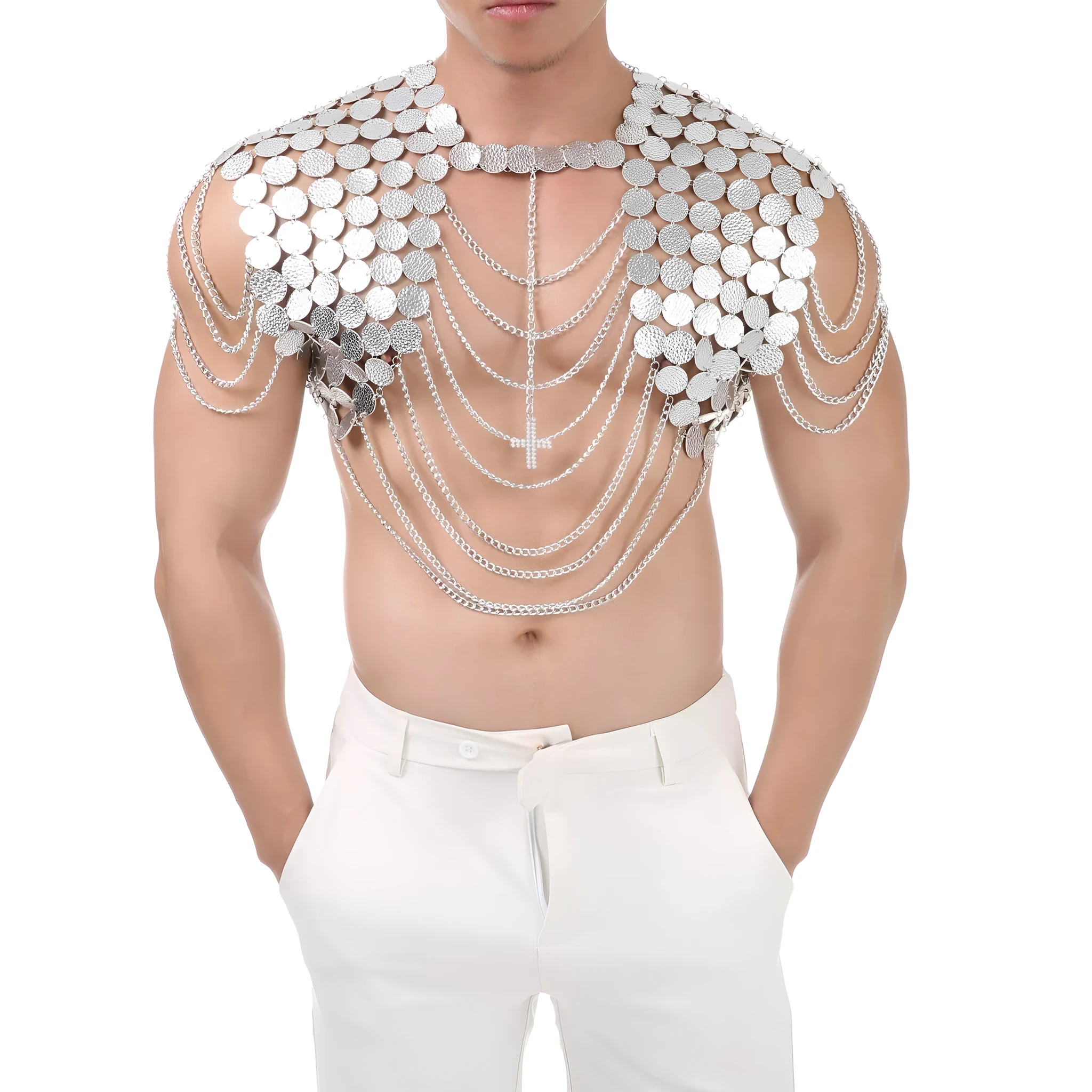 Silver metal chain sling chest strap with sequin stitching on imitation leather for men