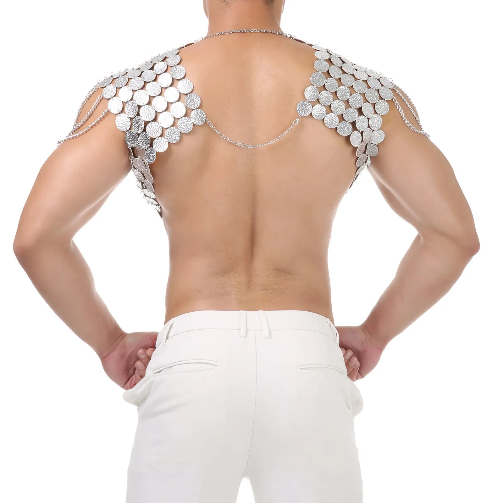 Silver metal chain sling chest strap with sequin stitching on imitation leather for men