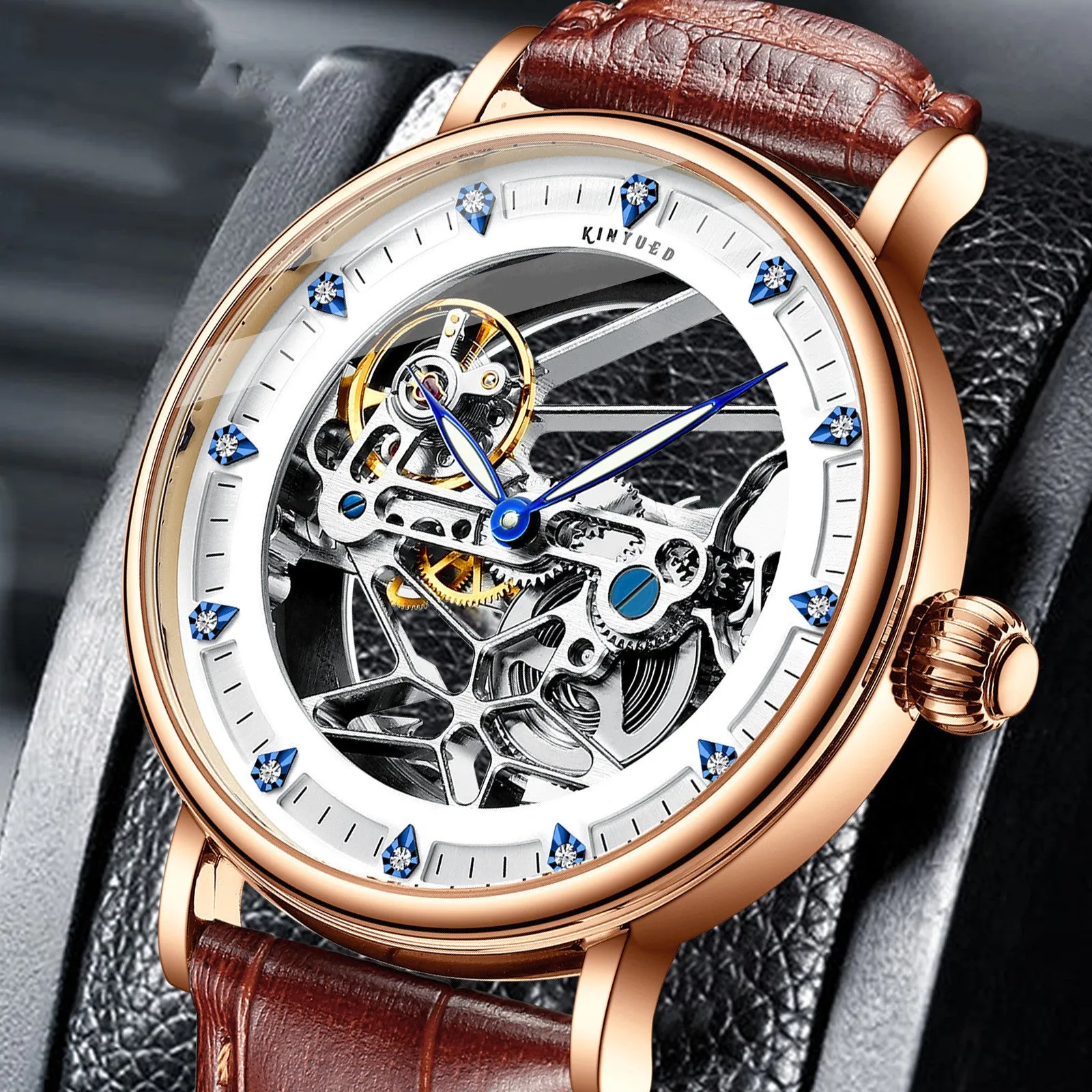 Automatic men's waterproof luminous watch with 13mm thickness, available in Cosmic Blue colour with gift box packaging
