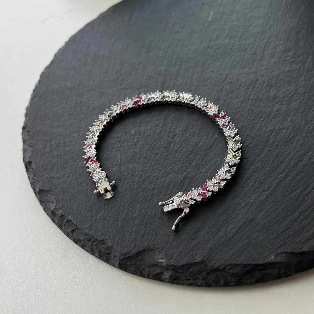 S925 sterling silver women's bracelet with geometric round and ring elements, platinum finish, 16-18cm length options