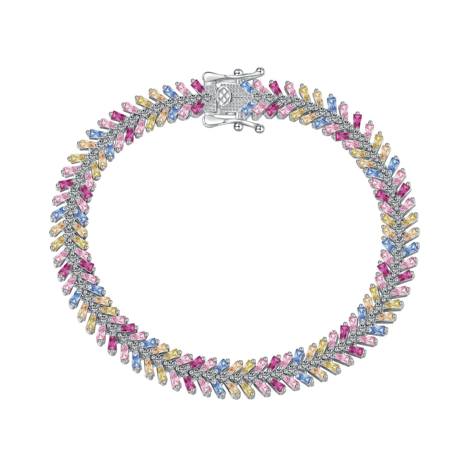 S925 sterling silver women's bracelet with geometric round and ring elements, platinum finish, 16-18cm length options