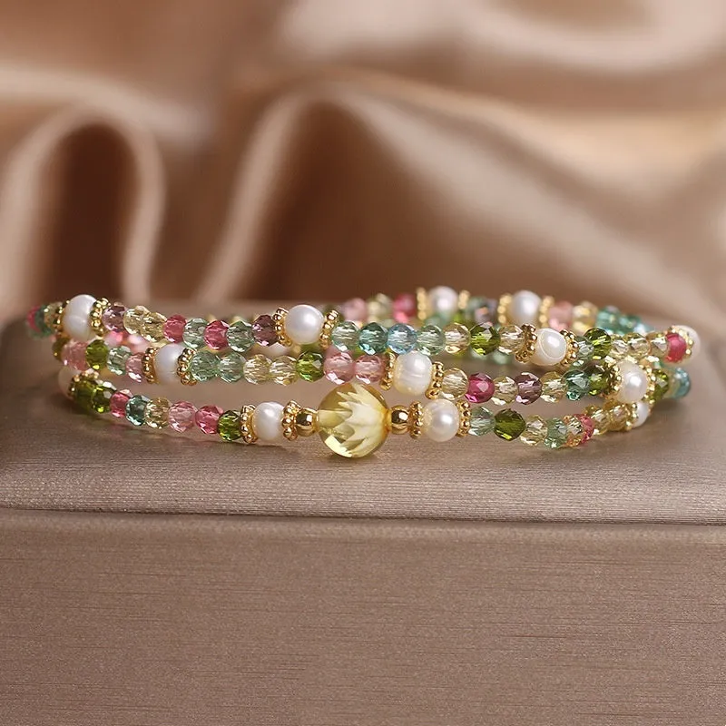 Natural grain of rice tourmaline multi-layer crystal bracelet with three circles of small rice-shaped beads in ethnic style for women
