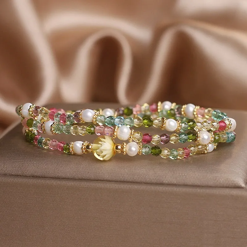 Natural grain of rice tourmaline multi-layer crystal bracelet with three circles of small rice-shaped beads in ethnic style for women