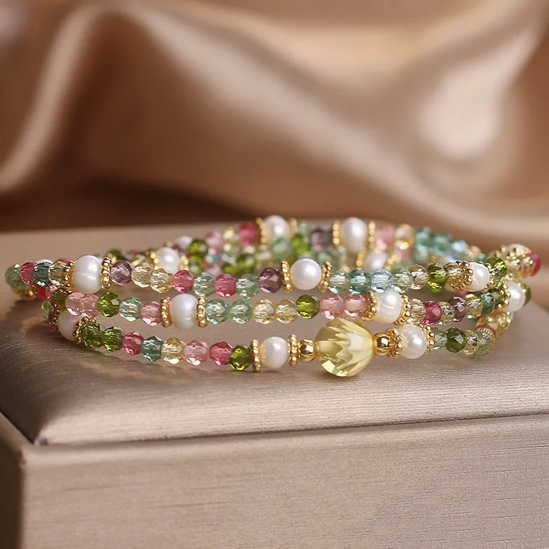 Natural grain of rice tourmaline multi-layer crystal bracelet with three circles of small rice-shaped beads in ethnic style for women